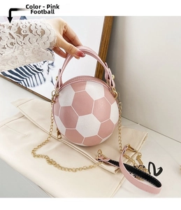 Detailed view of pink and white football-shaped handbag with golden chain strap