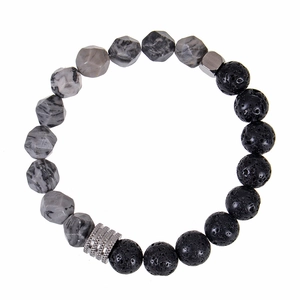 Men's 10mm faceted map stone and volcanic lava rock elastic bracelet with silver spacers