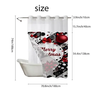 Christmas shower curtain with red holiday patterns and size measurements on white background