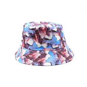 Detail view showing marble pattern printed on polyester fabric sun hat with tight stitching
