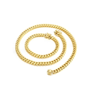 Golden 8mm Cuban link necklace and bracelet set in polished titanium steel