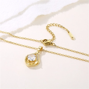 Gold stainless steel necklace with a water drop pendant and clear zircon inlay