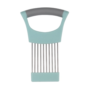 Stainless steel onion holder and meat tenderizer with grey and light blue handle