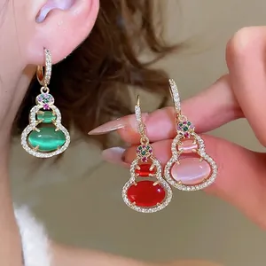 Wu Lou Gourd Dangle Earrings With Resin Cat Eye Stone Zircon Gold Plated Copper Jewelry 925 Sterling Silver Earring Post