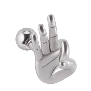 Minimalist silver stainless steel stud earring featuring a unique OK gesture shape