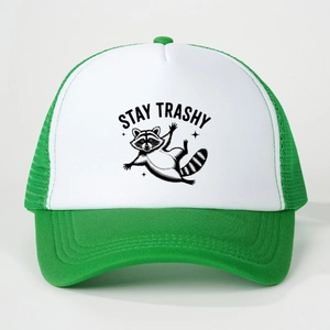 Green and white trucker hat featuring a Stay Trashy raccoon print and mesh back
