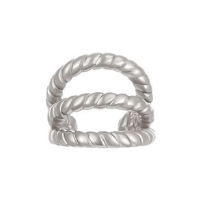 Detail view of silver twisted rope ear cuff with multi-layer metallic texture and finish