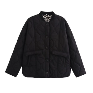 Women's black quilted jacket with leopard print collar and single-breasted buttons