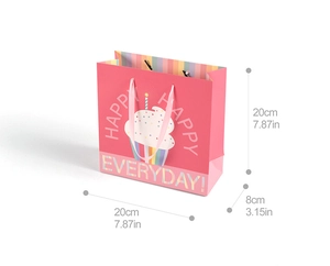 Pink gift bag detail with cupcake pattern and rainbow stripes showing 20x20x8cm dimensions