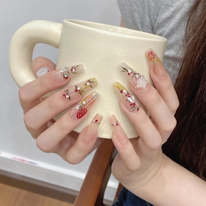 Handmade cherry coffin press-on nails with red plum painting and rhinestones