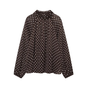 Polka dot long sleeve shirt in coffee brown with bow collar and puff sleeves