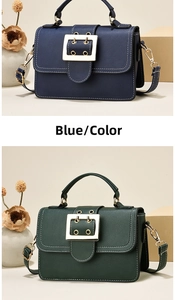 Detail of retro leather handbags in blue and green with square gold metal buckles