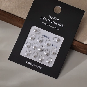 Detail showing elegant faux pearls in silver oval metal frames for DIY nail art sets