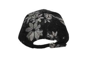 Detailed back view of lace baseball cap with floral embroidery and silver metal buckle