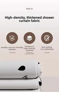 Detail of high-density thickened shower curtain fabric with elegant black pattern and hooks