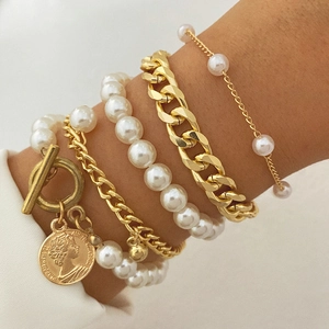 Five-piece stacked gold bracelet set with pearls, Cuban chain and coin pendant for women