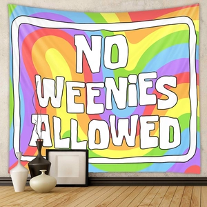 Detail of bohemian rainbow swirl tapestry with bold No Weenies Allowed text print