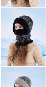 Detail of multi-functional knitted winter hood with face mask and neck warmer in grey