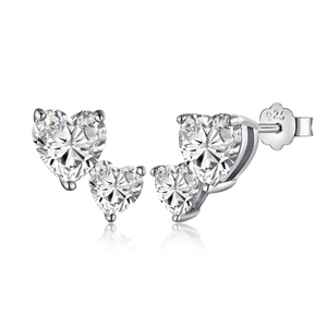 S925 sterling silver stud earrings with heart-shaped cubic zirconia on white background