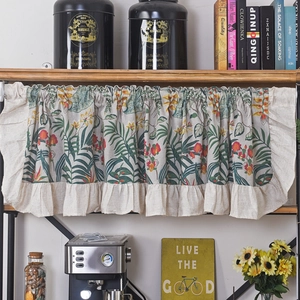 Floral ruffle valance curtain with green leaves and red flowers for cafe style decor