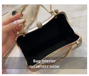 Detail view of silver sequin evening bag with gold metal handle and black inner lining
