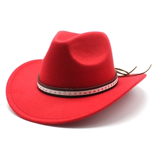 Classic red wool felt cowboy hat with black star-studded band and leather tassels