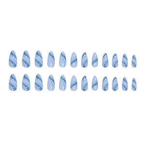 Light blue almond press-on nails with white marble fluid line design in a 24-piece set
