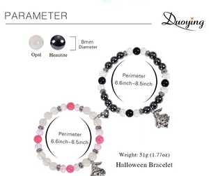 Size chart for Halloween magnetic heart bracelets with 8mm opal and hematite beads