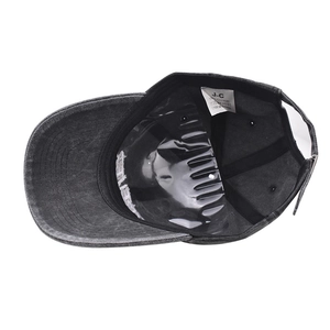 Detailed interior view of a washed cotton baseball cap with sweatband and neat stitching