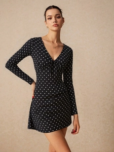 Abito corto nero vintage a pois con scollo a V profondo e dettaglio fiocco