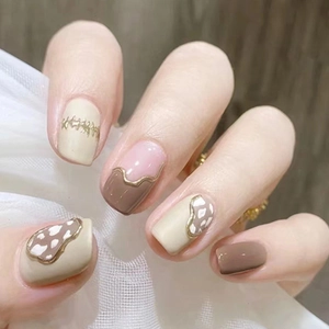Press On Nails Short Fake Nails Earth Tone Checkerboard Leopard Print Golden Outline Detachable Glue Included Women Beauty