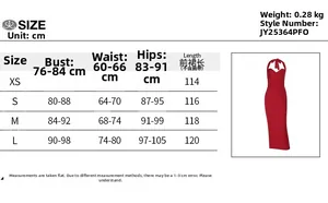 Size chart for the deep V-neck halter maxi dress with bust and waist measurements in cm