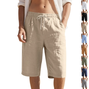 Men Linen Cotton Shorts Elastic Drawstring Waist Straight Leg Breathable Solid Color Casual Beach Summer Vacation Fashion