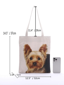 Detailed size chart of beige canvas tote bag with Yorkshire Terrier print and dimensions