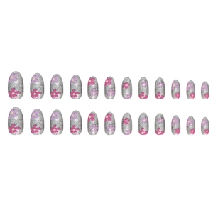 Unghie finte a mandorla con glitter argento e motivi floreali rosa e viola