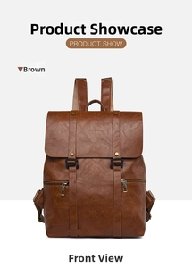 Vorderansicht eines braunen Vintage-Lederrucksacks mit Doppelschnallen und Reißverschlusstasche