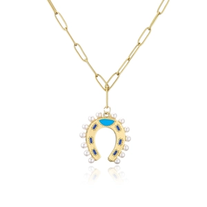 Golden paperclip chain necklace with pearl horseshoe pendant and blue enamel inlay