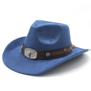Royal blue faux suede western cowboy hat with a brown leather strap and bull head metal buckle