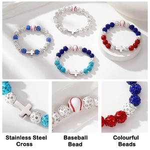 Men's baseball cross beaded bracelet featuring rhinestone balls and stainless steel charms