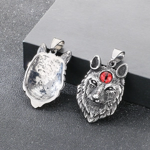 Front and back detail of wolf pendant with red gemstone and vintage texture