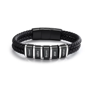 Double-layer black braided leather bracelet with 5 custom engraved beads and magnetic clasp