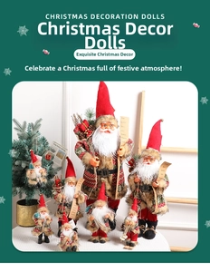 Detailed plush Santa dolls with classic red and grey outfits on a festive scene
