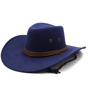 Detail of dark blue suede cowboy hat with brown braided band and metal ventilation eyelets