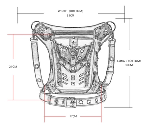 Detailed size chart for punk waist bag showing dimensions of 33cm width and 21cm height