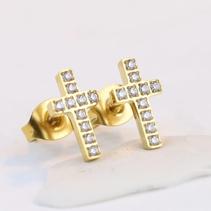6mm gold titanium steel cross earrings with micro-inlaid cubic zirconia studs