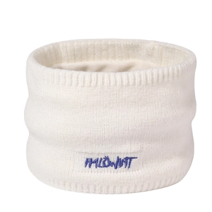 Winter white knitted neck warmer with blue embroidery for windproof outdoor protection