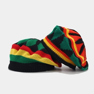 Rastafarian style knit hat with colorful stripes and dreadlocks wig for Halloween