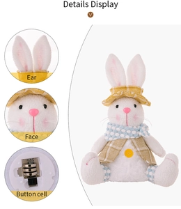 Detailed close-up of white Easter bunny plush with yellow plaid and battery compartment