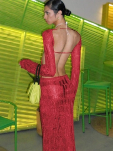 Sexy backless red knit maxi dress with long sleeves and textured fabric for women