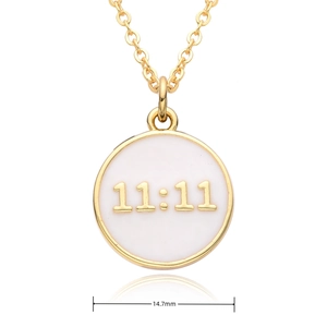 Detailed view of 18K gold plated necklace showing a 14.7mm 11:11 circular pendant